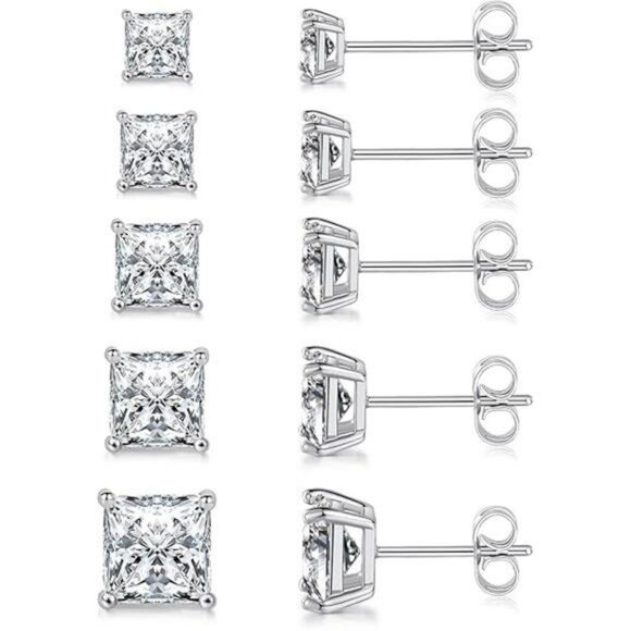 Cubic zirconia stud earrings set 5 pairs square cut gold hypoallergenic - Picture 7 of 7